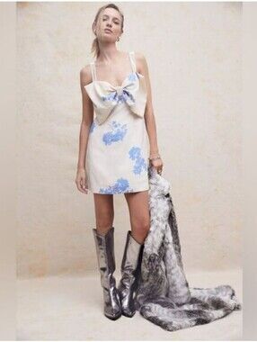 Free People Tie A Bow Mini Dress Cream Blue Floral | Xs